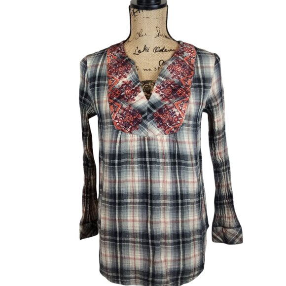 Sundance Plaid Embroidered Cottage Western Long Sleeve Peasant Top XS - Picture 4 of 6